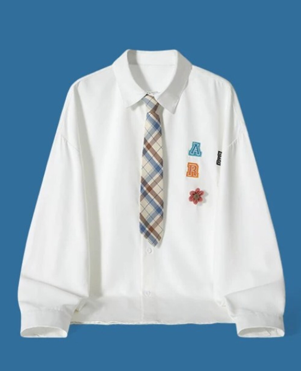 White Preppy Shirt with Plaid Tie Patches